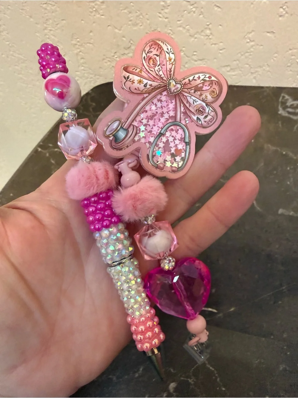 Pink Stethoscope and Hearts Rhinestone Beaded Pen and Matching Badge Reel Set